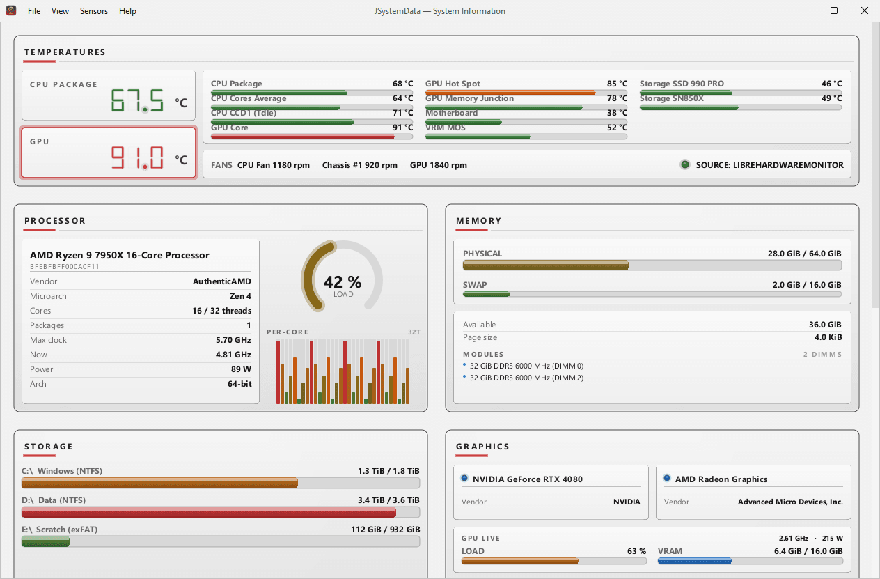 JSystemData in its daylight-friendly light theme, same panels as the dark view.